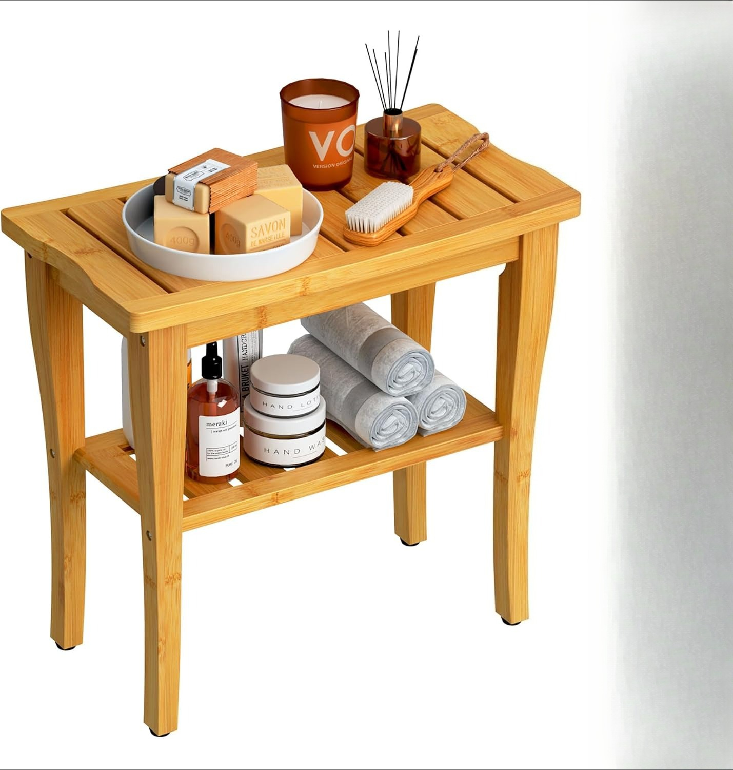 Bamboo Shower Bench Stool with - W Spa & Wellness 评论和价格