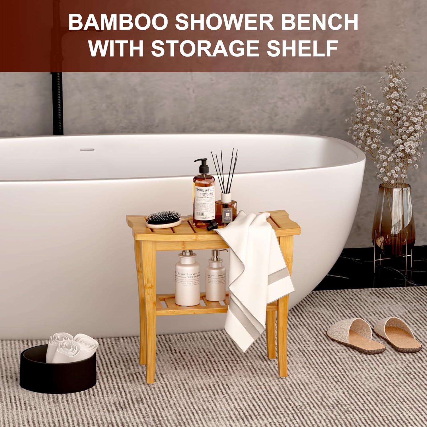 Bamboo Shower Bench Stool with - W Spa & Wellness 评论和价格