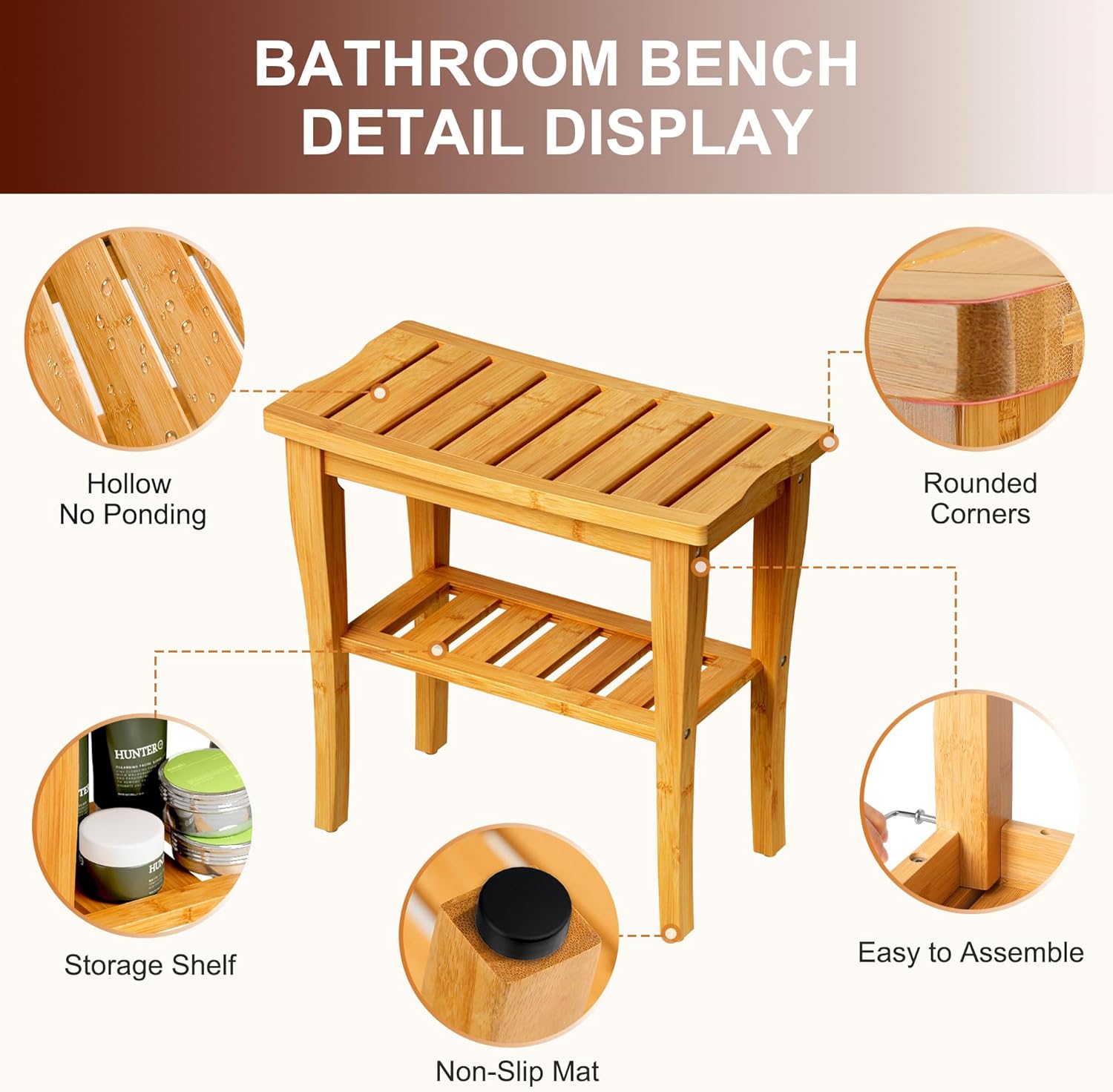 Bamboo Shower Bench Stool with - W Spa & Wellness 评论和价格